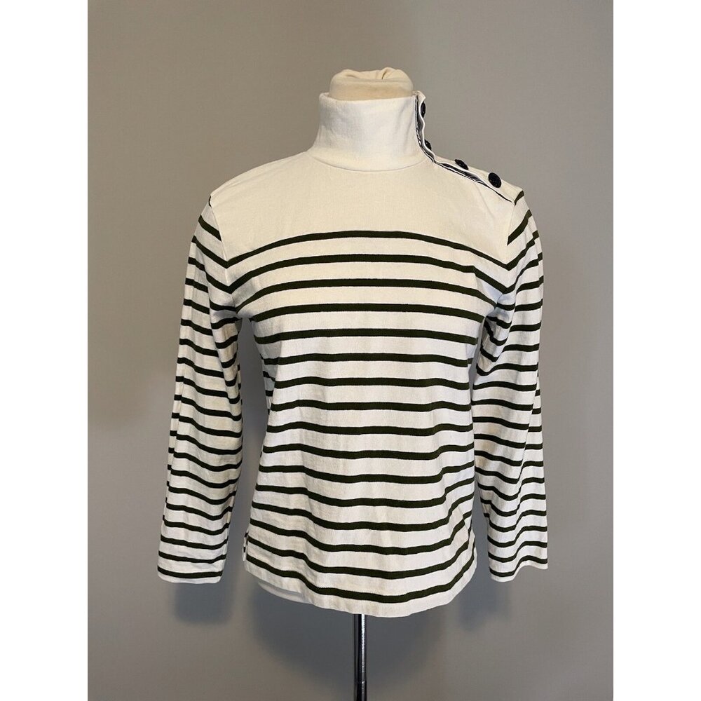 J. Crew White & Green Striped Buttoned Mock Neck Shirt, Size XS